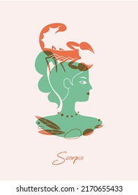 Scorpio zodiac sign card. Female green silhouette with a scorpion on her head. Vector illustration of an astronomical sign with a girl isolated. Horoscope with zodiac scorpio.