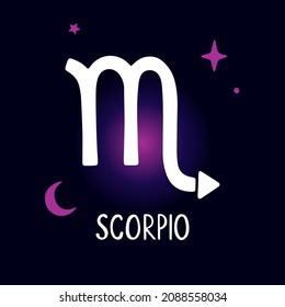 Scorpio zodiac sign card or highlight story cover for social media, blog, website. Bright caption astrology symbol and shining stars. Vector flat hand drawn illustration