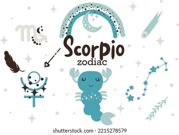 Scorpio zodiac sign clipart - cute kids horoscope, zodiac stars, constellation, rainbow, planet, leaves, arrow and comet isolated Vector illustration on white background. Cute vector astrological char