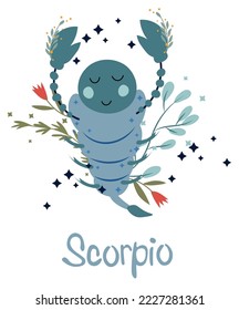 Scorpio Zodiac Schild mit bunten Blättern und Sternen um. Astrologisches Scorpio zodiac perfekt für Poster, Logo, Karten. Vektorgrafik.