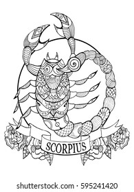 Scorpio zodiac sign coloring book vector illustration. Tattoo stencil. Black and white lines. Lace pattern