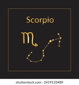 Scorpio Zodiac Sign and Constellation, gold icon isolated on black background.