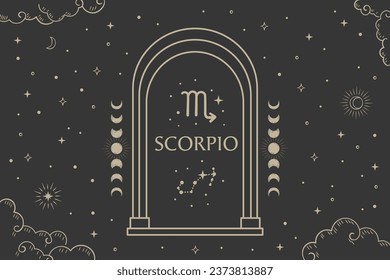 Signo de escorpio zodiaco, ilustración de Constellation con cielo nocturno oscuro.