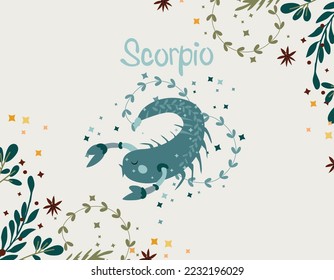 Scorpio zodiac Schild. Rutsche Banner mit Scorpio, Sternen, Blumen und Blättern. Astrologisches Zeichen des Zodiaks. Vektorgrafik.