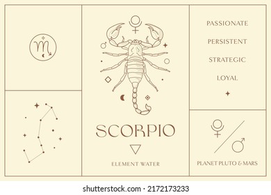 Scorpio Zodiac Sign Design, Esoteric Abstract Logo, Mystic Spiritual Symbols, Icons. Astrology, Moon and Stars, Magic Esoteric Art.