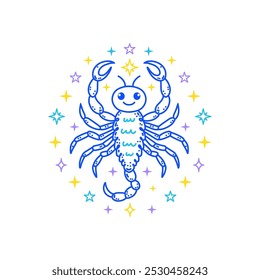 Sinal de zodíaco de Escorpião em estilo doodle com cores suaves no fundo branco, adaptado para decoração infantil.