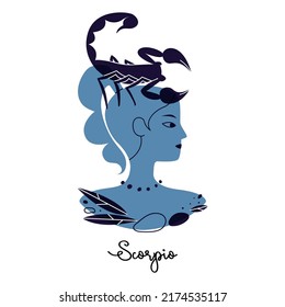 Scorpio zodiac sign. Female blue silhouette with a scorpion on her head. Vector illustration of an astronomical sign with a girl isolated on a white background. Horoscope with zodiac scorpio.