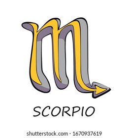 Dibujo vectorial de caricatura plana con signo de escorpio zodiaco. escorpión celestial, símbolo del horóscopo de agua. Objeto de predicción mensual astrológico. Elemento amarillo del gráfico de astrología. Elemento dibujado a mano aislado