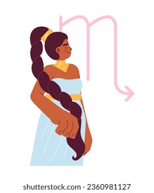 Ilustración de manchas del vector de concepto plano de signo de zodiaco escorpio. Mujer brunette con un personaje de dibujos animados 2D de corte trenzado en blanco para diseño de interfaz de usuario web. Astrología aislada editable imagen de héroe creativo editable