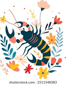 Scorpio zodiac sign with floral flora, vector illustration, white isolated background.