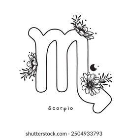 Scorpio zodiac sign with flowers, stars and moon, vector art, white background