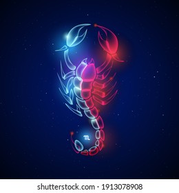 Scorpio zodiac sign in futuristic art concept glows in the night sky with red and blue light on sparkling galaxy background