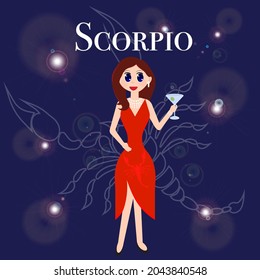 Scorpio zodiac sign. The girl is dressed in a red dress with pearl beads around her neck. In her hand she is holding a martini glass. Against the backdrop of a dark blue sky. Above the inscription.