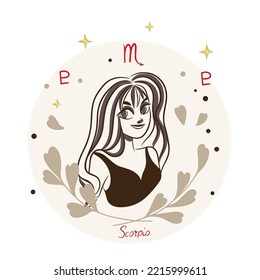 Scorpio, Zodiac sign, girl with jewelry, doodle style card
