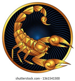 Scorpio zodiac sign of gold, astrological icon, horoscope symbol. Stylized graphic golden scorpion with gilded raised up sting and pincers, ready to attack. Gilt portrait scorpio in circle. Vector art