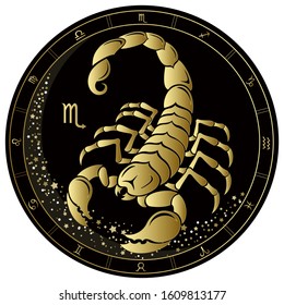 Scorpio Zodiac sign. Golden circle on a black background. Vector illustration.