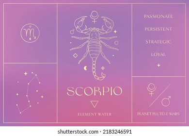 Scorpio Zodiac Sign Golden Design, Esoteric Abstract Logo, Mystic Spiritual Symbols, Icons. Astrology, Moon and Stars, Magic Esoteric Art.