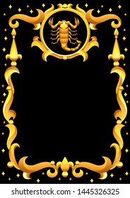 Scorpio zodiac sign with golden frame. Horoscope symbol. Stylized astrological illustration.