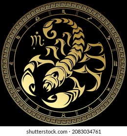 Scorpio. Zodiac sign. Horoscope. Gold  circle on a black background.