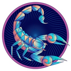 Scorpio zodiac sign, horoscope symbol. Futuristic style icon. Stylized graphic blue scorpion with raised up sting and pincers, ready to attack. Portrait scorpio in circle. Vector illustration.