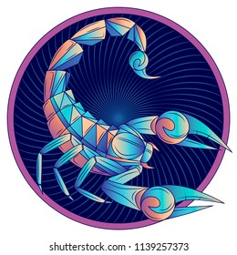 Scorpio zodiac sign, horoscope symbol. Futuristic style icon. Stylized graphic blue scorpion with raised up sting and pincers, ready to attack. Portrait scorpio in circle. Vector illustration.