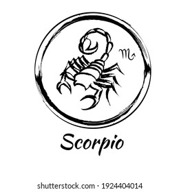Scorpio zodiac sign horoscope symbol in black and white colour, vector illustration.