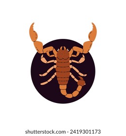 Signo de escorpio zodiaco. Símbolo de zodiaco del horóscopo en marco de círculo negro. Astrología zodiaco icono del insecto escorpión aislado en fondo blanco. Ilustración vectorial de diseño de horóscopo plano