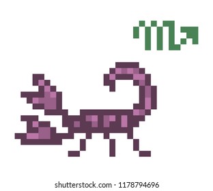 Scorpio Zodiac sign icon, 8 bit pixel art scorpion isolated on white background. Astrological symbol. Esoteric science logo. Horoscope emblem.