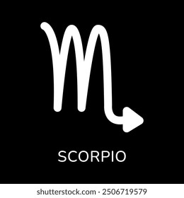 Scorpio zodiac sign icon. White line icon isolated on black background. Tattoo scorpio zodiac symbol. Astrological, zodiacal horoscope. Vector illustration.