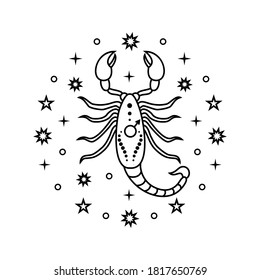 Scorpio zodiac sign in line art style on white background.