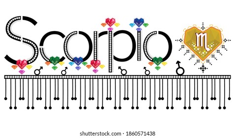 Scorpio. Zodiac sign. Moon sign. Astrology sign gemstone label. Horoscope vector. Vedic sign title. Astrology sticker. Astronomy badge. Stock illustration. Lettering text. Gems and patterns.