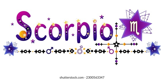 Escorpio. Signo zodiaco. Señal de la luna. Etiqueta de astrología. Señal de sol. Etiqueta astrológica. Estrellas espaciales planetas. Vector de horóscopo. Título védico de la señal. Insignia de astronomía. Ilustración bursátil. Texto de la carta. 