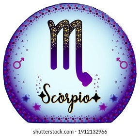 Scorpio zodiac sign. Moon sign label. Astrology sign. Horoscope vector. Vedic sign title. Astrology sticker. Astronomy badge. Stock illustration. Purple magical globe. Stars and patterns.