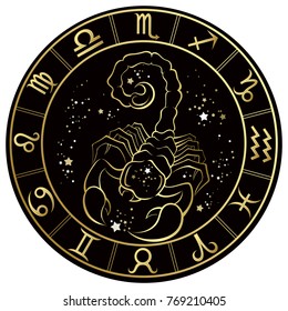 Scorpio. Zodiac Sign on a dark background in a gold frame with stars. Vector illustration.