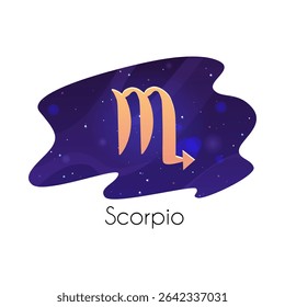 Scorpio zodiac sign on starry sky. Horoscope Scorpio symbol on space background. Vector astrological flat illustration. Modern celestial divination design element in decorative frame