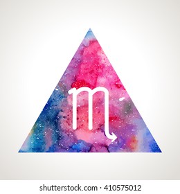 Scorpio zodiac sign on watercolor triangle background. Astrology symbol