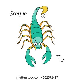 Scorpio zodiac sign on white background. Design elements for calendars or cards. Vector illustration in cartoon style.