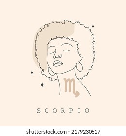 Scorpio zodiac Schild. Eine Zeichnung. Astrologisches Symbol mit abstraktem weiblichem Gesicht. Mysteriöse und esoterische Umriss-Logo. Horoskop-Symbol. Lineare Vektorgrafik im minimalistischen Stil.