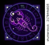 Scorpio zodiac sign represented by the scorpion. Neon horoscope symbol in circle with other astrology signs sets around.