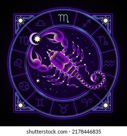 Signo de escorpión zodiaco representado por el escorpión. El símbolo neón de horoscopio en círculo con otros signos astrológicos se pone alrededor.