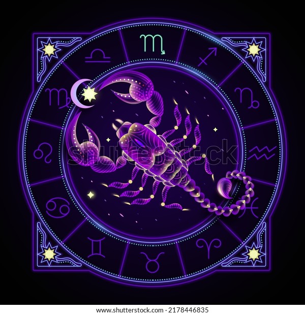 Scorpio\
zodiac sign represented by the scorpion. Neon horoscope symbol in\
circle with other astrology signs sets\
around.