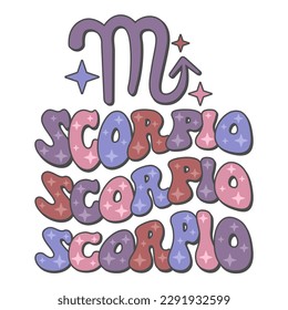 Signo de escorpio zodiaco. Diseño retro de horóscopo de texto ondulado.