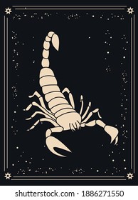 Scorpio zodiac sign. Silhouette of golden color astrological sign on a dark background. Magic illustration of an animal against the background of the starry sky.