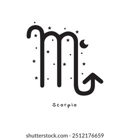 Símbolo zodíaco de Escorpião, silhueta com estrelas e lua, arte vetorial