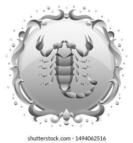 Scorpio zodiac sign with silver frame. Horoscope symbol. Stylized astrological illustration.