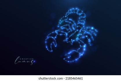 Scorpio zodiac sign. Starry icon with globes of blue light in dark space. Effect constellated with neon lights.