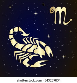 Scorpio zodiac sign in  starry  sky, vector Illustration. Contour icon.