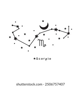 Scorpio zodiac sign, stars, moon on white background, boho vector art