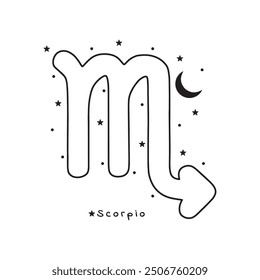 Scorpio zodiac sign, stars, moon, on white background, boho vector art