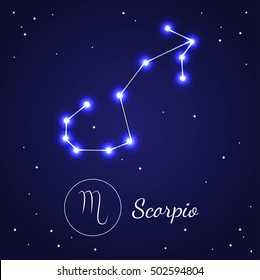 Scorpio Zodiac Sign Stars on the Cosmic Sky. Vector illustration of bright blue star planet zodiacal symbols Astrology, Esoteric. Design for web pages and placard for birthday card 